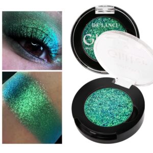 Afflano Single Green Eyeshadow - Shimmery, Highly Pigmented Multichrome, Color Changing Forest Green Glitter, Holographic Chrome Eye Shadow