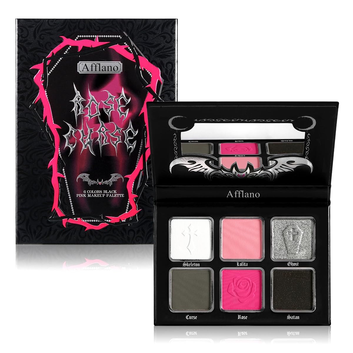 Afflano Goth Pink Eyeshadow Palette, Black Silver Pink Smokey Eyes Makeup Eyeshadow Pallet With Mirror, for Goth Girls Women Long Lasting Daily Valentine makeup, Emo Halloween Clown SFX Gothic Looks