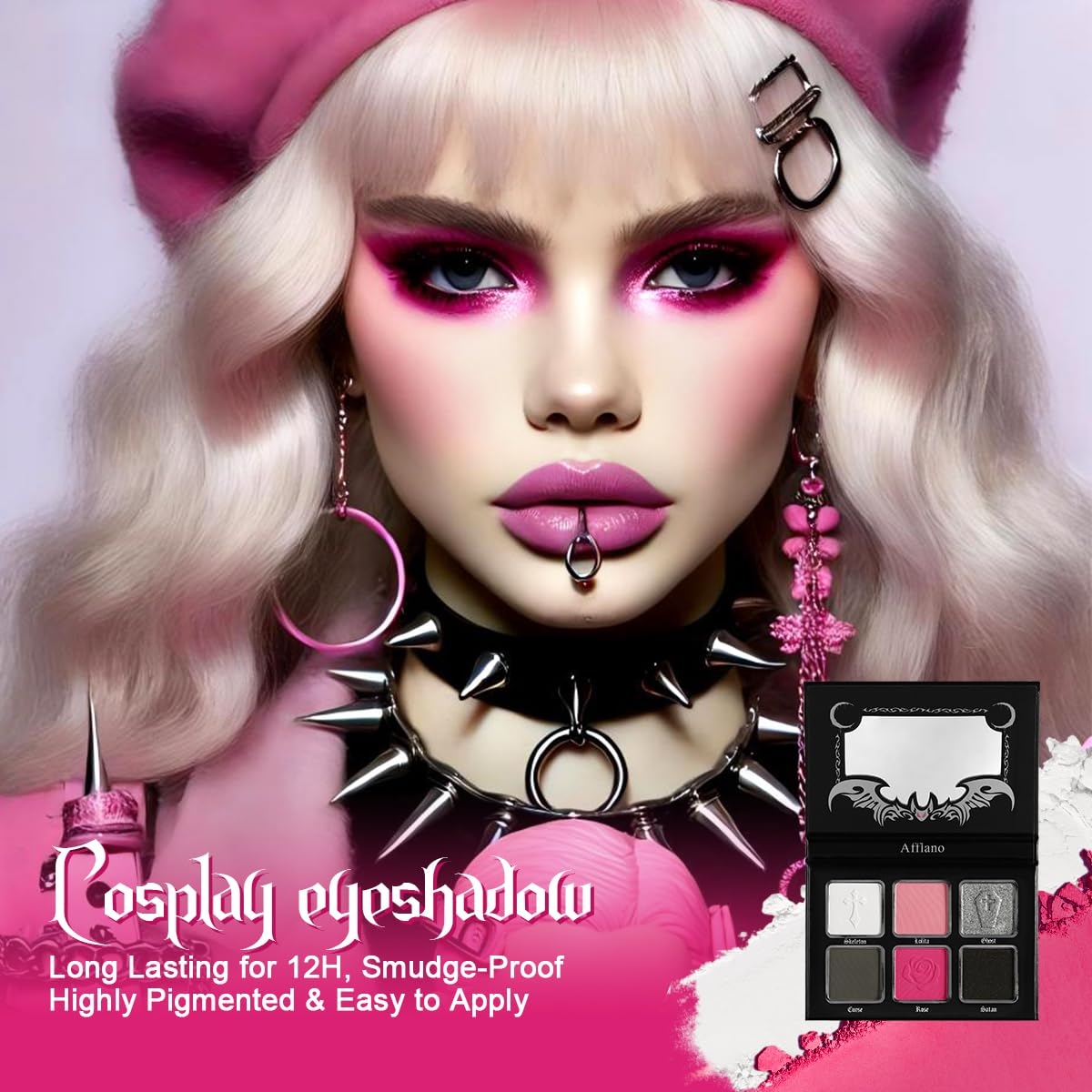 Afflano Goth Pink Eyeshadow Palette, Black Silver Pink Smokey Eyes Makeup Eyeshadow Pallet With Mirror, for Goth Girls Women Long Lasting Daily Valentine makeup, Emo Halloween Clown SFX Gothic Looks - Image 2