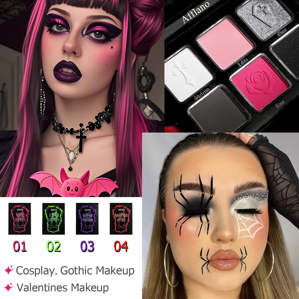 Afflano Goth Pink Eyeshadow Palette, Black Silver Pink Smokey Eyes Makeup Eyeshadow Pallet With Mirror, for Goth Girls Women Long Lasting Daily Valentine makeup, Emo Halloween Clown SFX Gothic Looks - Image 3