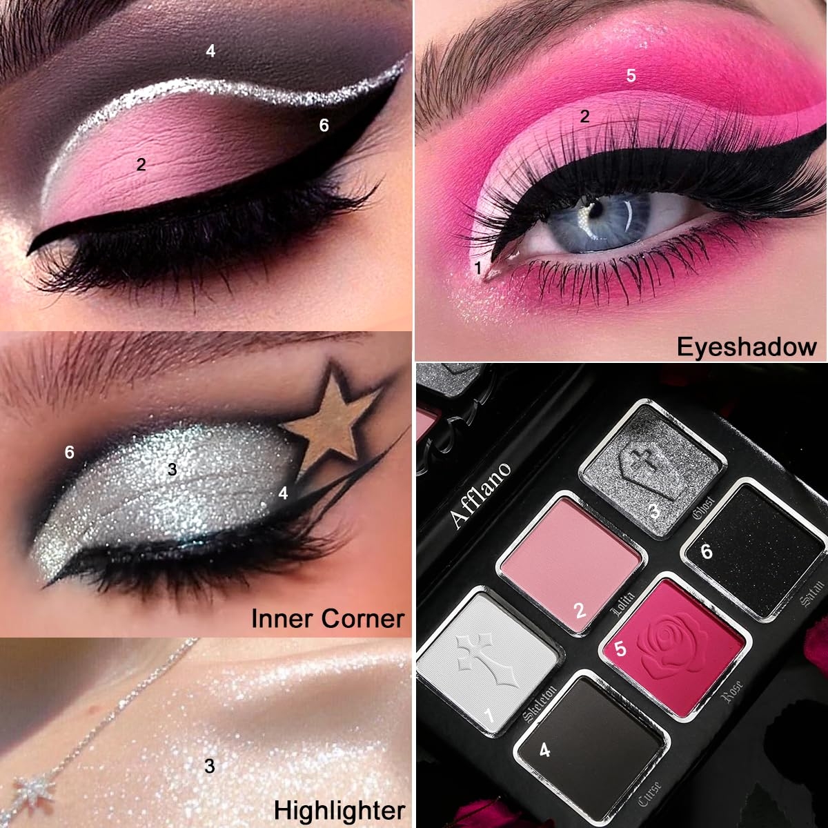 Afflano Goth Pink Eyeshadow Palette, Black Silver Pink Smokey Eyes Makeup Eyeshadow Pallet With Mirror, for Goth Girls Women Long Lasting Daily Valentine makeup, Emo Halloween Clown SFX Gothic Looks - Image 4