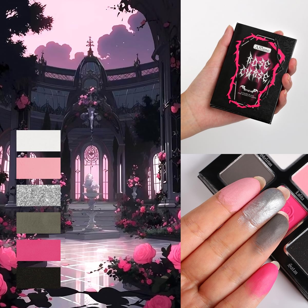 Afflano Goth Pink Eyeshadow Palette, Black Silver Pink Smokey Eyes Makeup Eyeshadow Pallet With Mirror, for Goth Girls Women Long Lasting Daily Valentine makeup, Emo Halloween Clown SFX Gothic Looks - Image 5